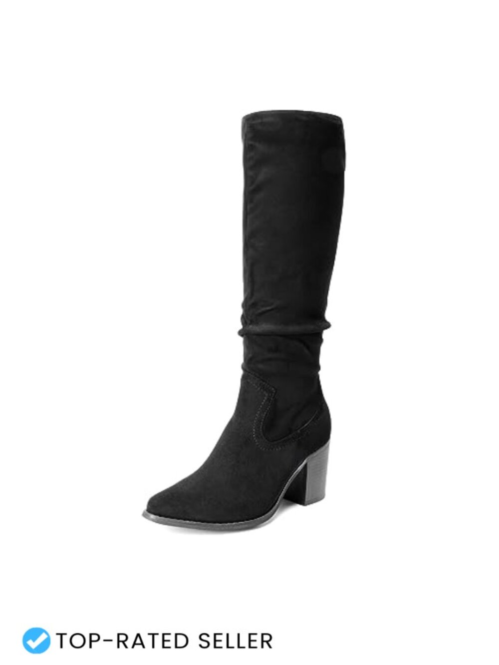 Slouchy Knee-High Chunky Heel Boots Pointed Toe Faux Suede with Zipper